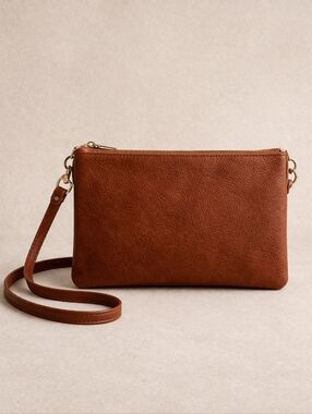 Jen & Co. Riley Cognac Brown Vegan Leather Envelope Crossbody Purse Minimalist